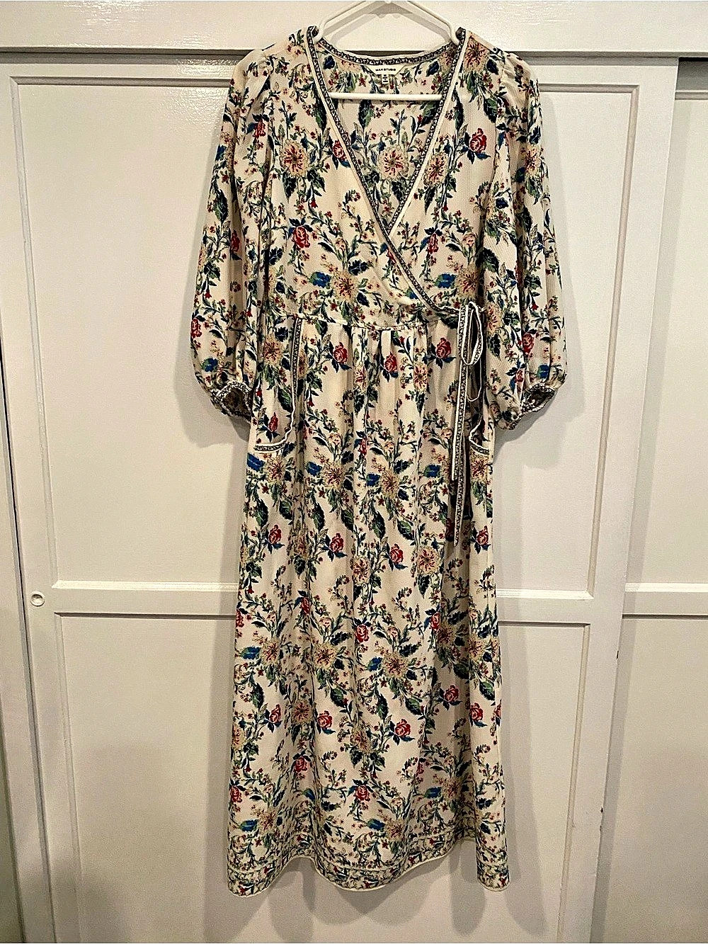 Max Studio Floral Faux Wrap Midi Dress in Cream & Red Size Medium Like New
